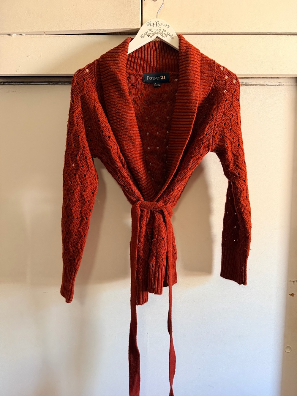 Forever 21 Women's Rust Open-Knit Tie-Front Cardigan Sweater Size S